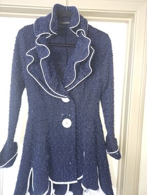CourageB, navy blue popcorn sequin trench coat. Medium size,like new